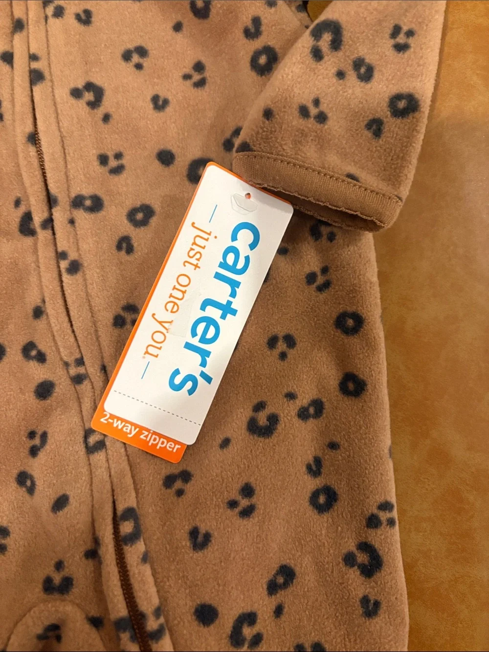 NEW! Carter's Tan Brown Leopard Print Fleece Footed One-Piece - Size 3 months